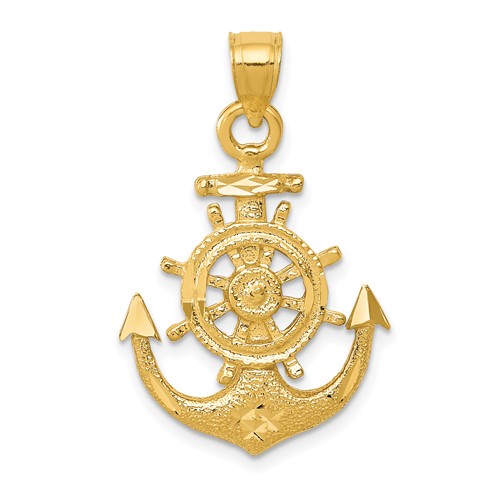 14K Yellow Gold Satin Diamond-cut Anchor and Ships Wheel Pendant