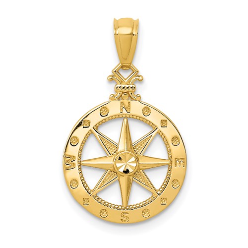 14K Yellow Gold Diamond-cut Polished Compass Pendant