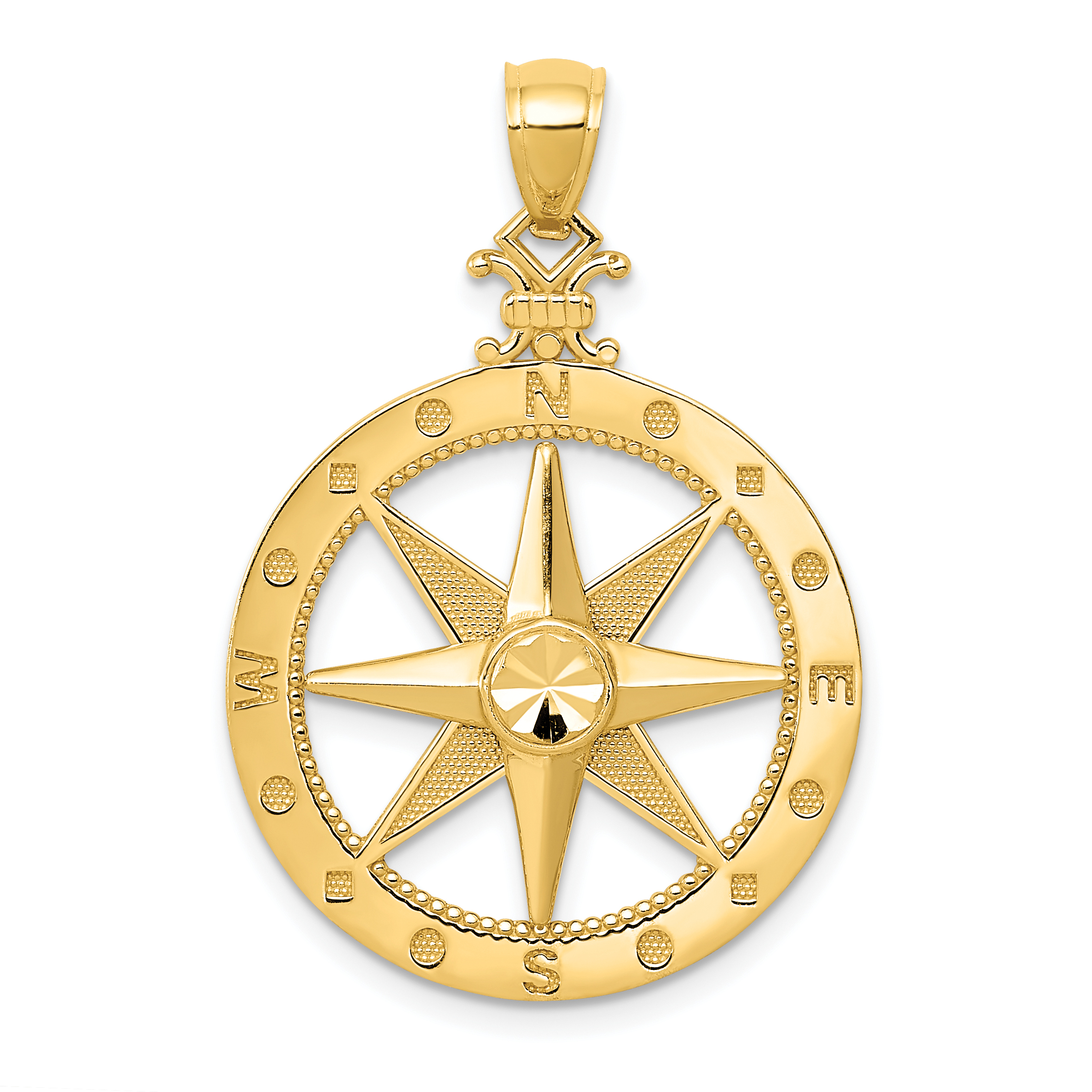 14K Diamond-Cut Polished and Satin Compass Pendant (K6097)