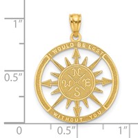 14K Yellow Gold Satin Polished I Would BE Lost Without You Compass Pendant view 2