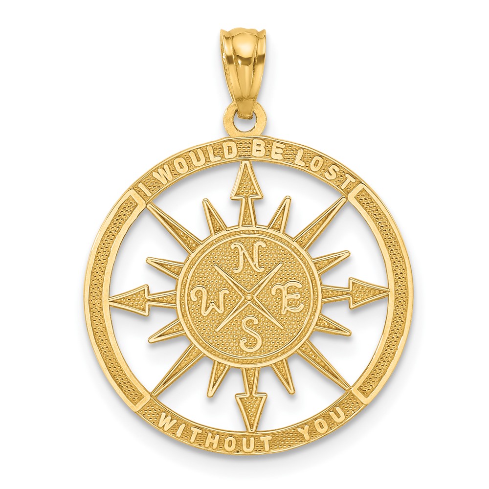 14K Yellow Gold Satin Polished I Would BE Lost Without You Compass Pendant