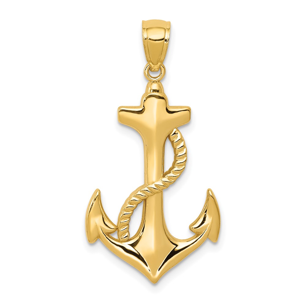 14K Yellow Gold Polished Anchor Pendant with Rope