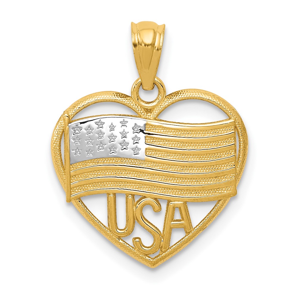 14K and White Rhodium Polished American Flag Usa in Heart Pendant