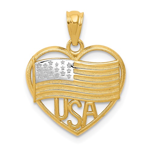 14K and White Rhodium Polished American Flag Usa in Heart Pendant