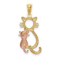 14K Two-tone Polished Diamond-cut Big and Little Sitting Cats Pendant view 3