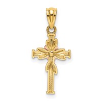 14K Two-tone Polished Diamond-cut Cross Pendant with Flower view 3