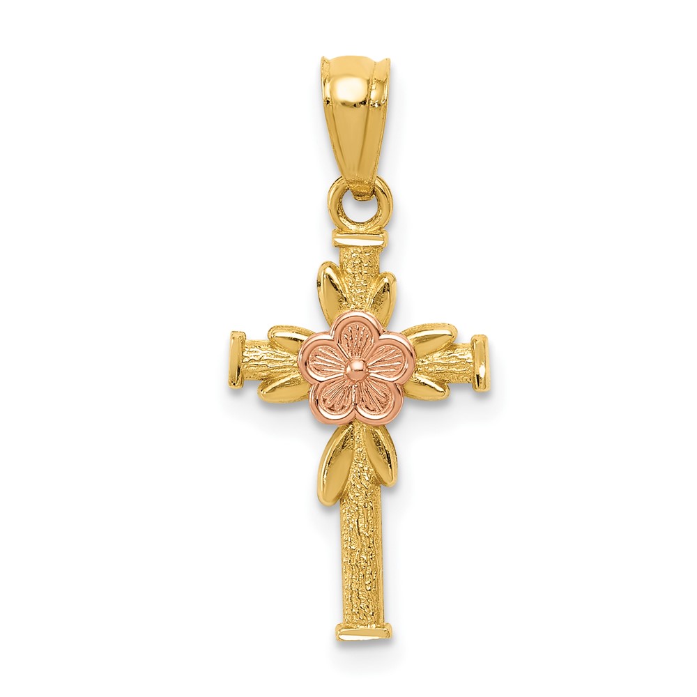 14K Two-tone Polished Diamond-cut Cross Pendant with Flower