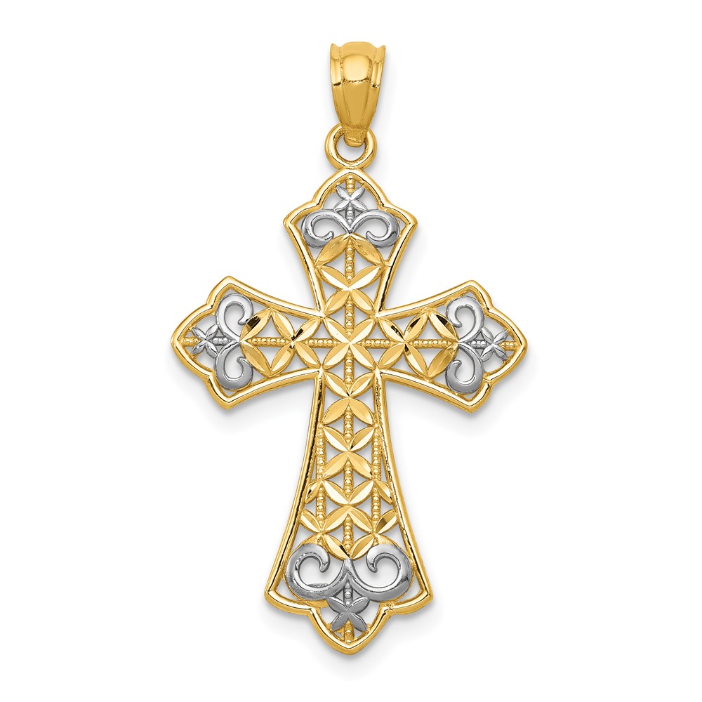 14K and White Rhodium Polished Diamond-cut Filigree Cross Pendant