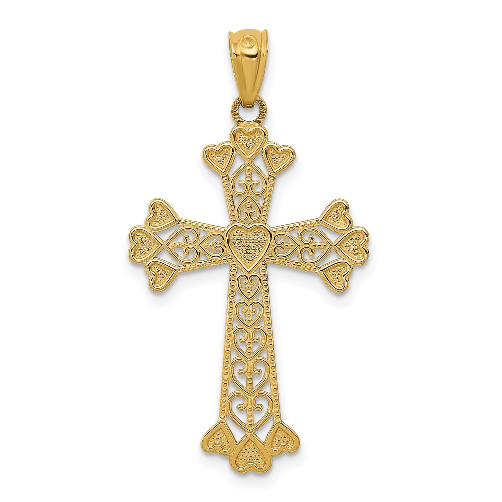 14k Diamond-cut Polished Filigree Hearts Cross Pendant (K6241)