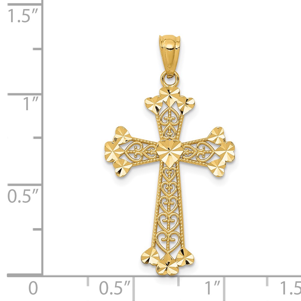 14k Diamond-cut Polished Filigree Hearts Cross Pendant (K6241)