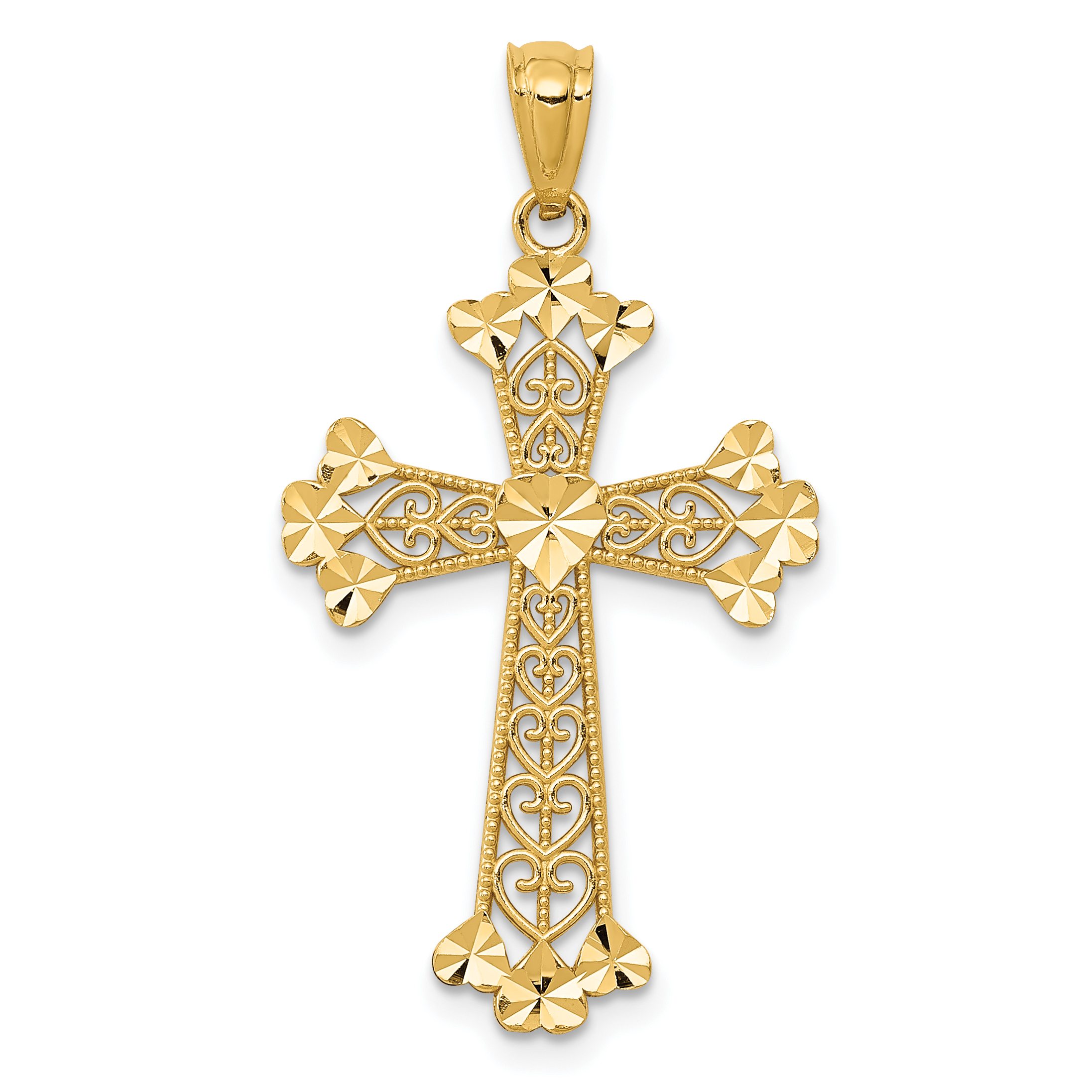 14k Diamond-cut Polished Filigree Hearts Cross Pendant (K6241)