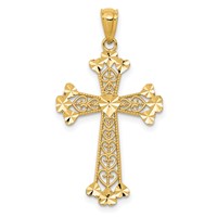 14K Yellow Gold Diamond-cut Polished Filigree Hearts Cross Pendant view 1