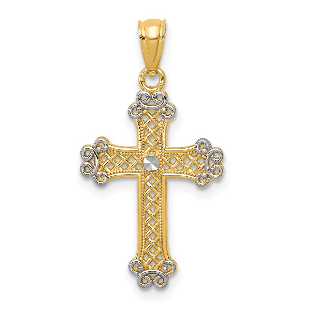 14K Pendant with White Rhodium Diamond-cut Filigree Cross