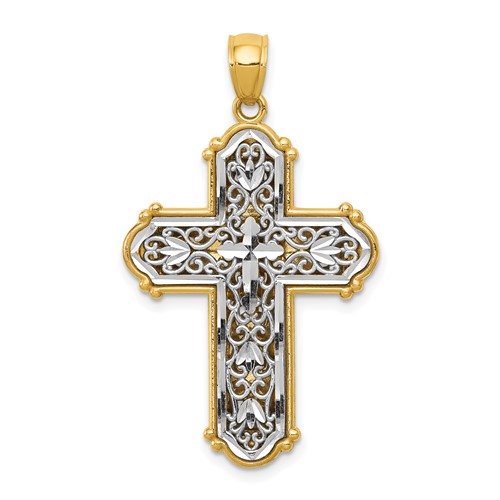 14K and White Rhodium Reversible Diamond-cut Filigree Cross Pendant