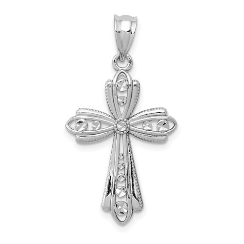 14K White Gold Polished Diamond-cut Fancy Cross Pendant