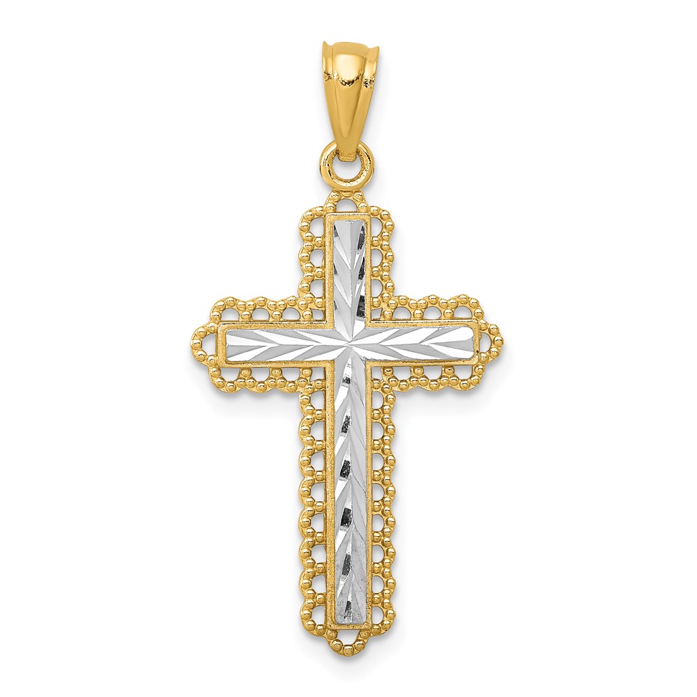 14K Pendant with White Rhodium Diamond-cut Budded Cross