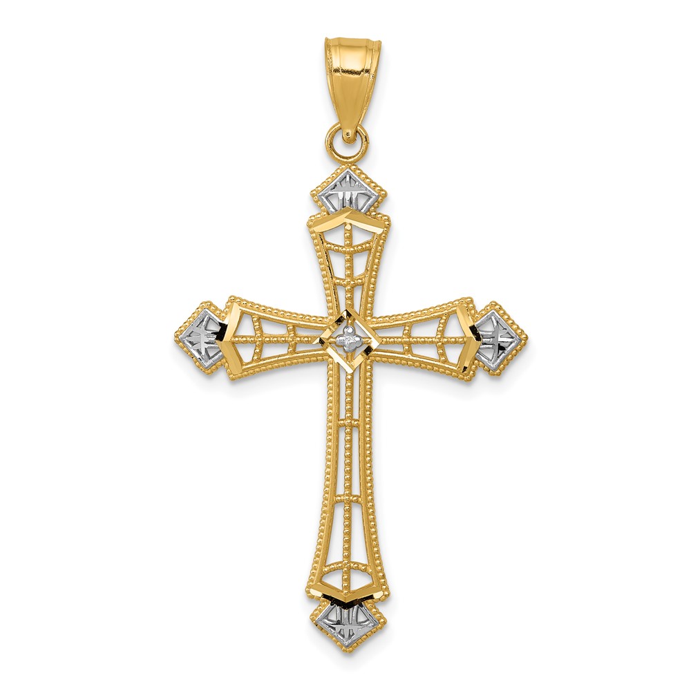 14K and White Rhodium Diamond-cut Cross Pendant