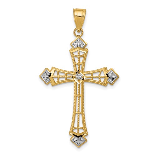 14K and White Rhodium Diamond-cut Cross Pendant