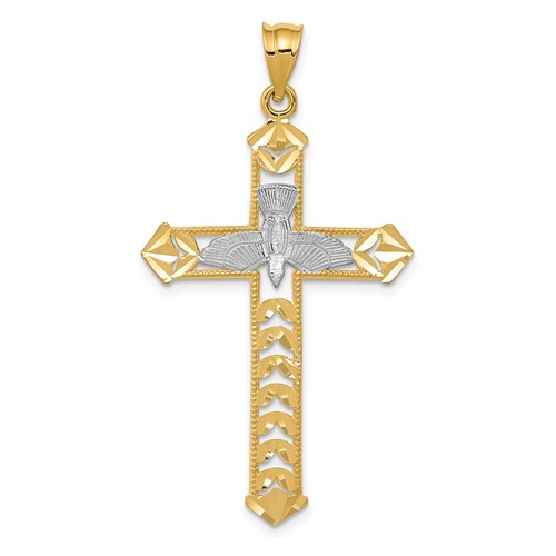 14K and White Rhodium Polished Diamond-Cut Dove Cross Pendant