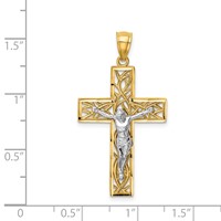 14K Two-Tone Satin Polished Diamond-cut Crucifix Pendant with Vines view 3