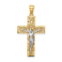14K Two-Tone Satin Polished Diamond-cut Crucifix Pendant with Vines view 1