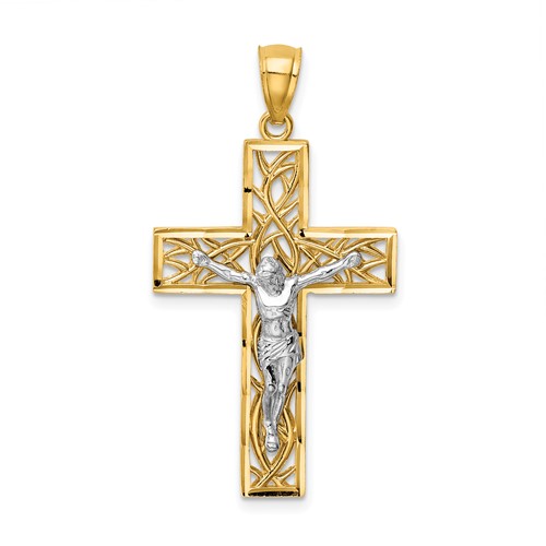 14K Two-Tone Satin Polished Diamond-cut Crucifix Pendant with Vines