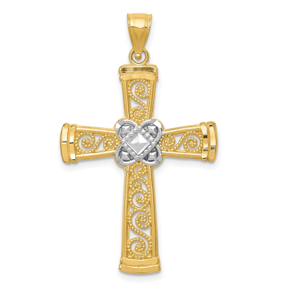 14K and White Rhodium Diamond-cut Filigree Cross Pendant