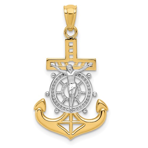 14K and White Rhodium Polished Mariners Crucifix Pendant