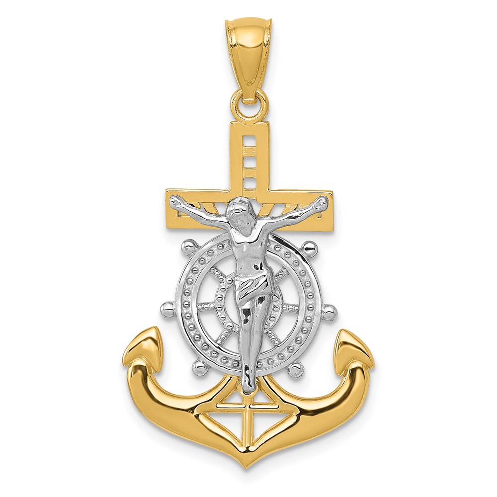 14K and White Rhodium Polished Mariners Crucifix Pendant