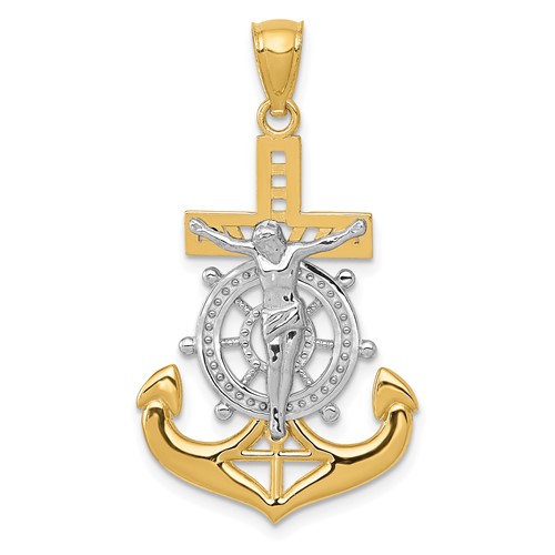 14K and White Rhodium Polished Mariners Crucifix Pendant