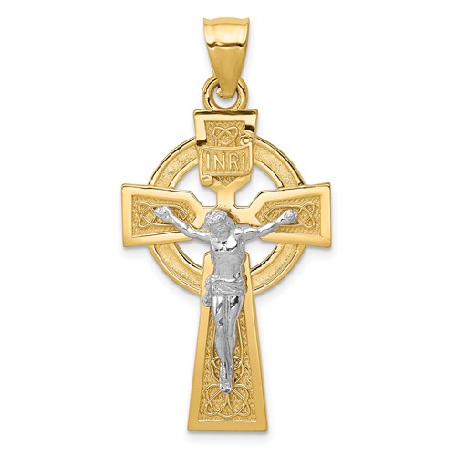 14K Two-tone Polished Celtic Inri Crucifix Pendant