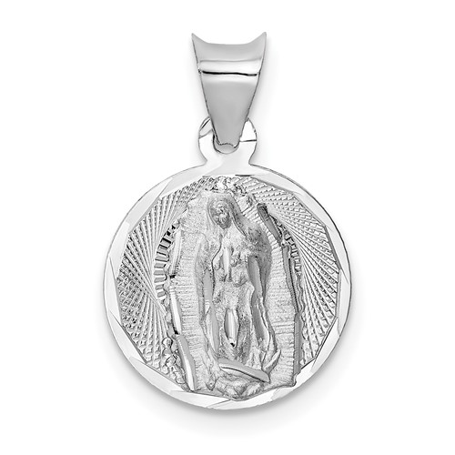 14K White Gold Polished Diamond-cut Semi-solid Our Lady of Guadalupe Round Pendant