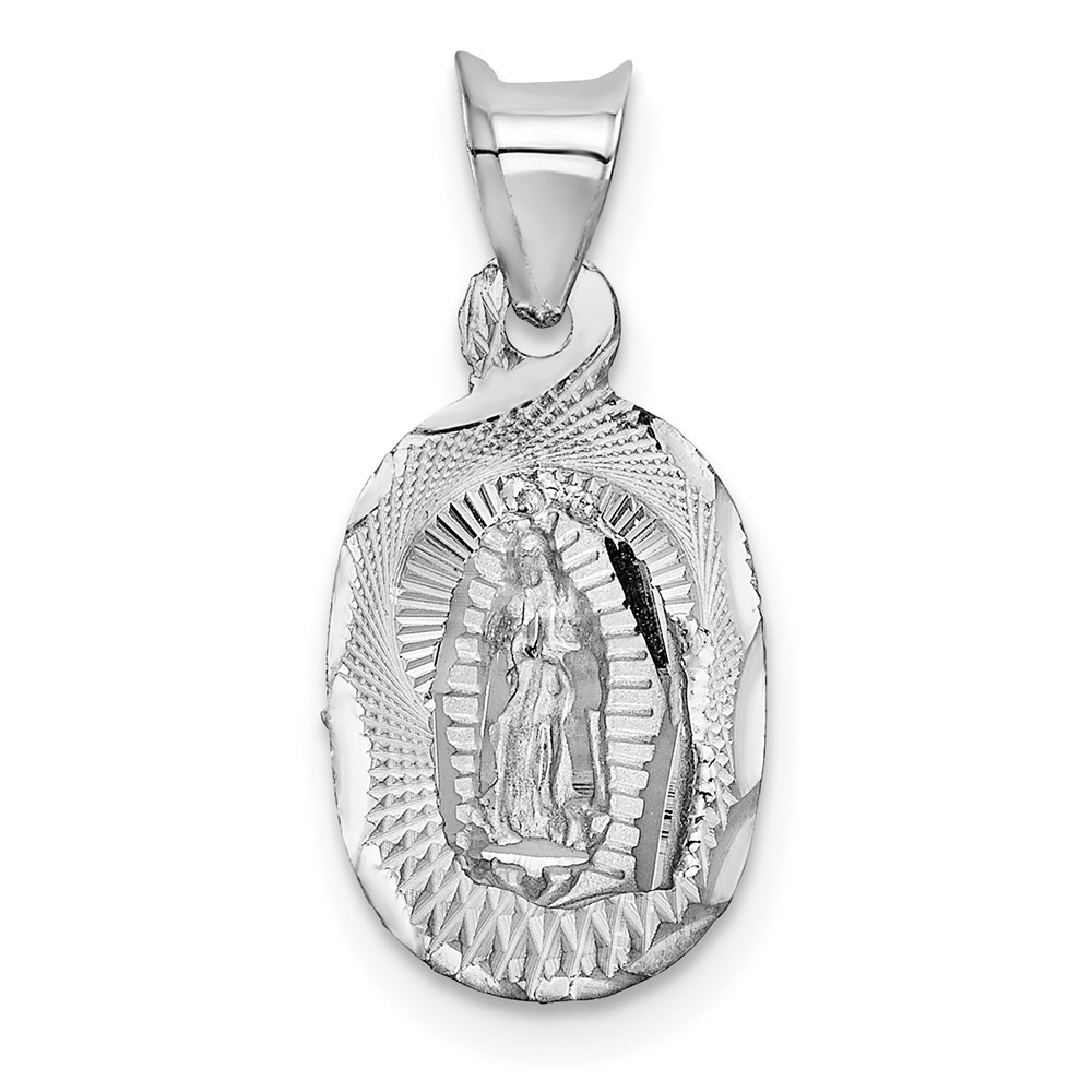 14K White Gold Polished Diamond-cut Semi-solid Our Lady of Guadalupe Oval Pendant