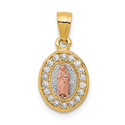 14K Two-Tone Pendant with White Rhodium Diamond-cut CZ Our Lady of Guadalupe Oval