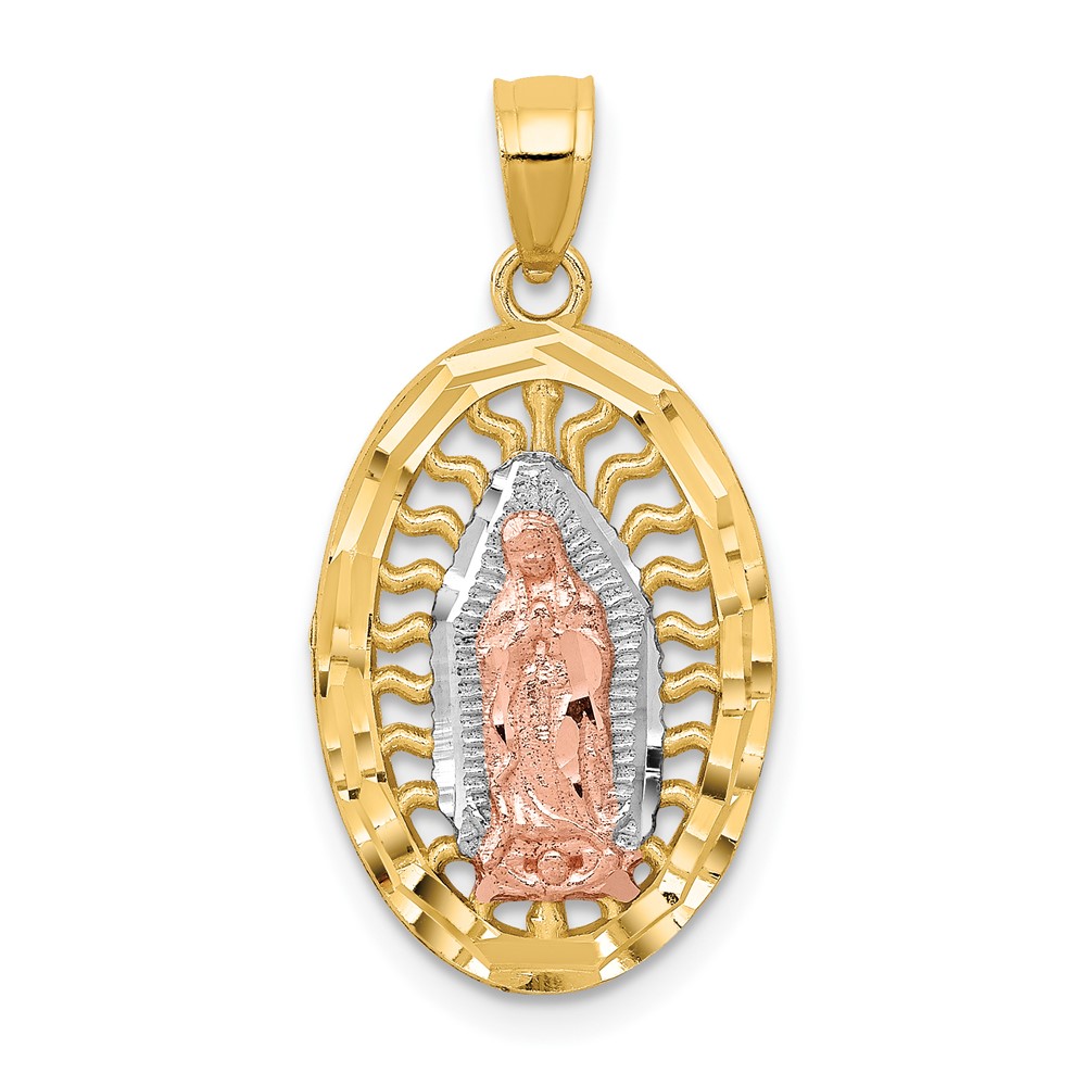 14K Two-tone Charm with White Rhodium Diamond-cut Our Lady of Guadalupe Oval