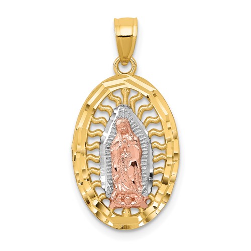 14K Two-tone Charm with White Rhodium Diamond-cut Our Lady of Guadalupe Oval