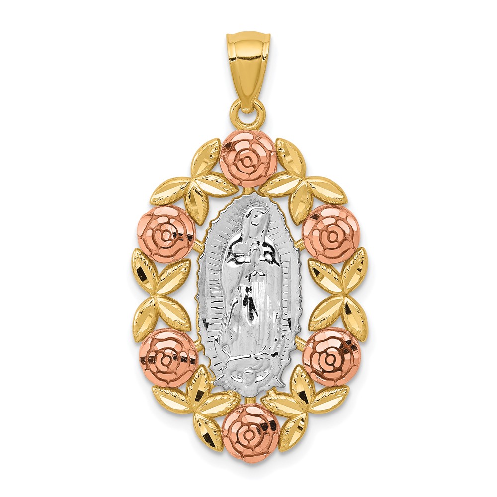 14K Two-Tone Pendant with White Rhodium Our Lady of Guadalupe with Flowers Oval