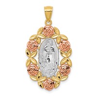 14K Two-Tone Pendant with White Rhodium Our Lady of Guadalupe with Flowers Oval view 1