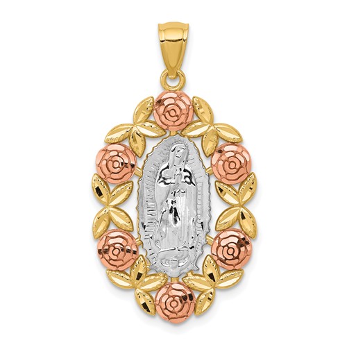 14K Two-Tone Pendant with White Rhodium Our Lady of Guadalupe with Flowers Oval