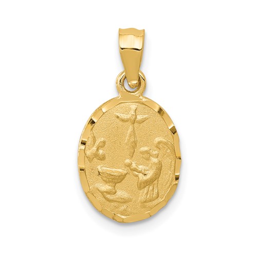 14K Yellow Gold Satin and Diamond-Cut Baptism Oval Pendant