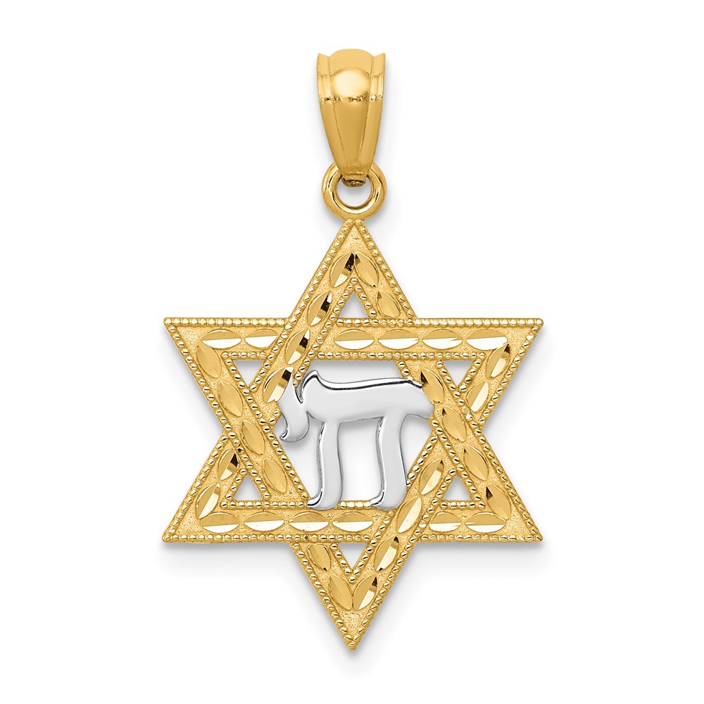 14K and White Rhodium Star of David Pendant with Chai