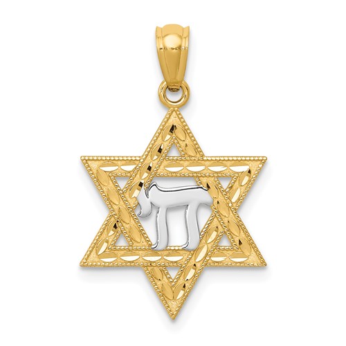 14K and White Rhodium Star of David Pendant with Chai