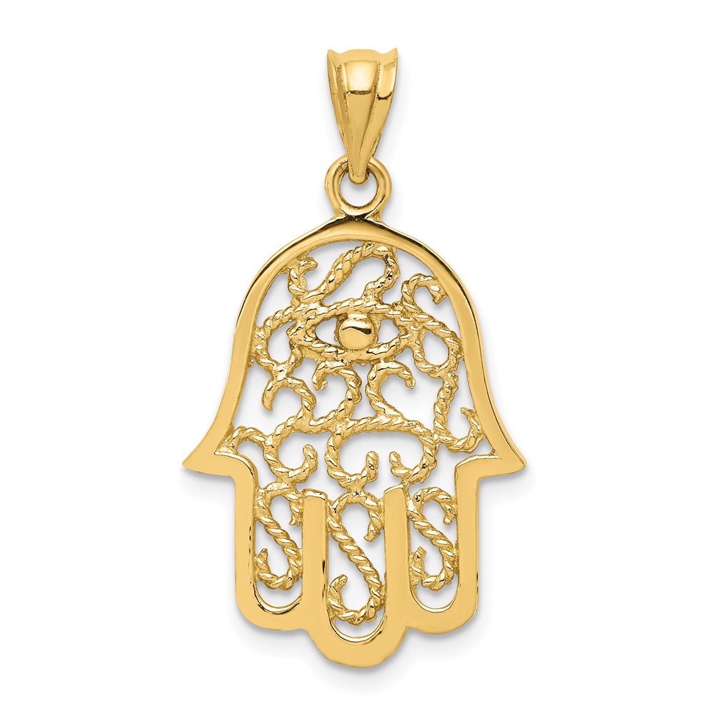 14K Yellow Gold Polished Filigree Hamsa and Evil Eye Pendant