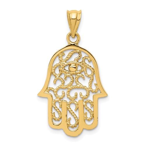 14K Yellow Gold Polished Filigree Hamsa and Evil Eye Pendant