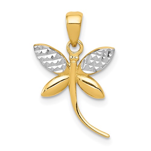 14K and White Rhodium Diamond-cut Polished Dragonfly Pendant