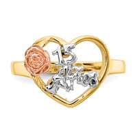 14K Tri-Color Quinceanera 15 Anos in Heart Ring with Flower view 4