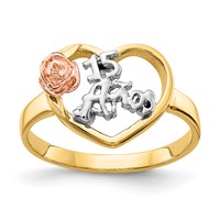 14K Tri-Color Quinceanera 15 Anos in Heart Ring with Flower view 1
