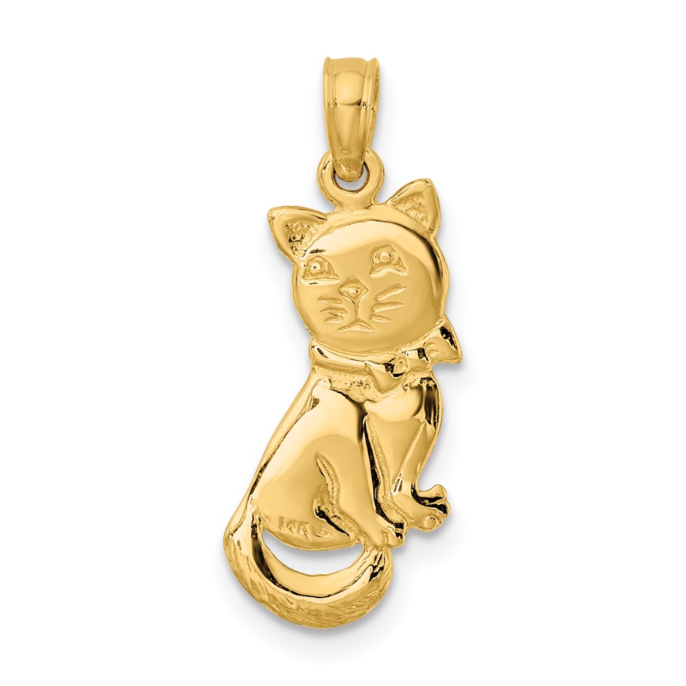 14K 3-D Polished and Bow Sitting Cat Charm (K6595)