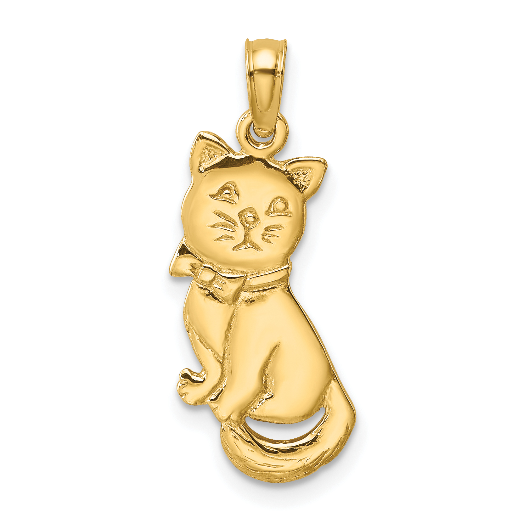 14K 3-D Polished and Bow Sitting Cat Charm (K6595)
