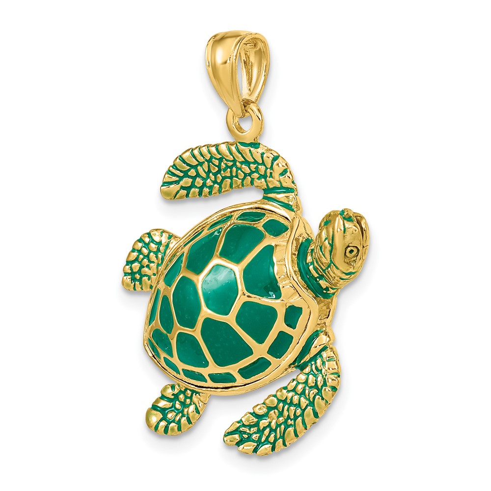 14K 3-D Green Enamel Large Sea Turtle Charm (K6717)